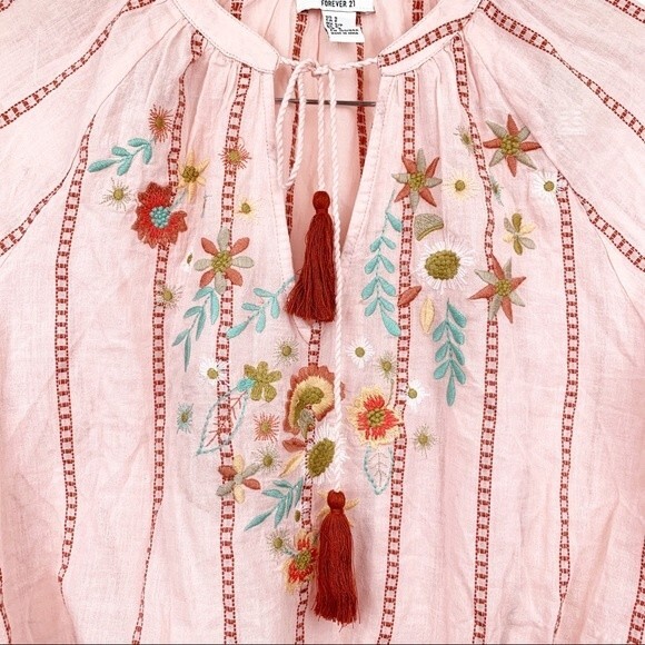 FOREVER 21 Floral Embroidered Tasseled Blouse S - Picture 3 of 7